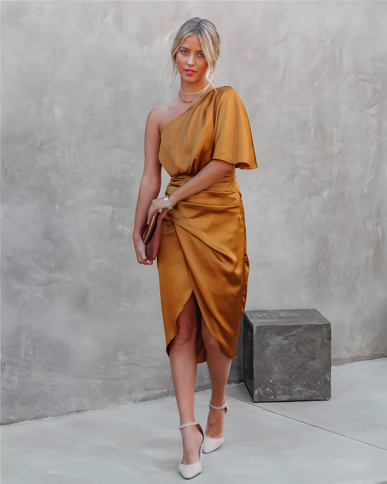 Women's elegant asymmetrical off-shoulder special occasion bodycon dress.