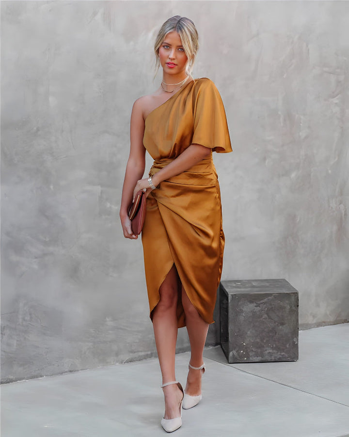 Women's elegant asymmetrical off-shoulder special occasion bodycon dress.