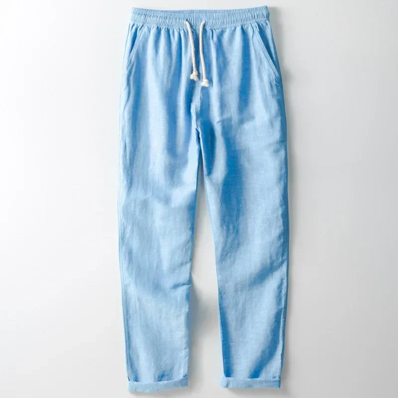 Unisex lightweight linen trousers in natural white, perfect for breathable summer comfort and relaxed casual wear.