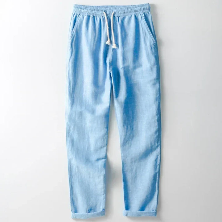 Unisex lightweight linen trousers in natural white, perfect for breathable summer comfort and relaxed casual wear.