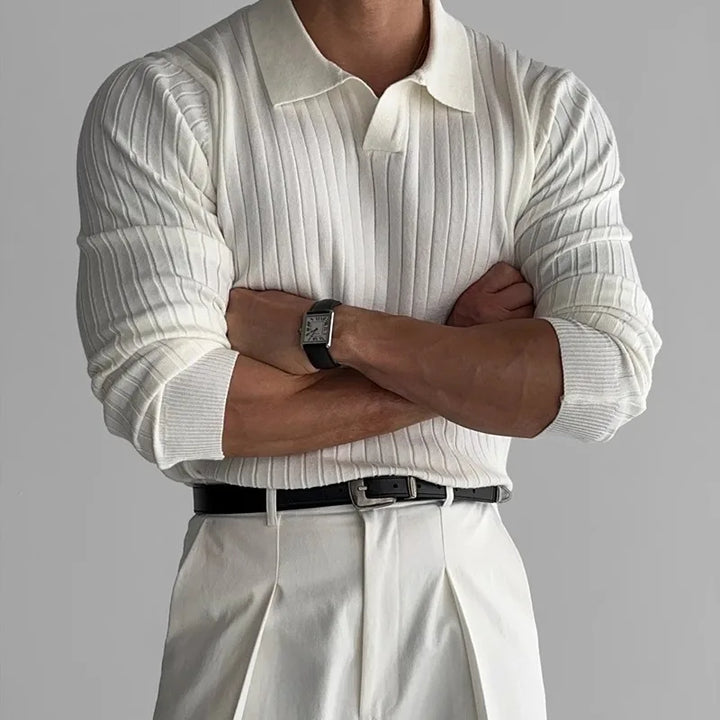 Women's ribbed knit V-neck long sleeve polo shirt, slim fit, perfect for elegant casual wear.