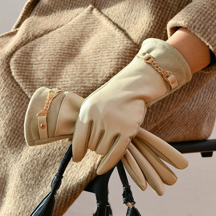 Elegant women's beige leather gloves, cashmere lined for ultimate comfort & warmth. Stylish ladies' winter accessory.