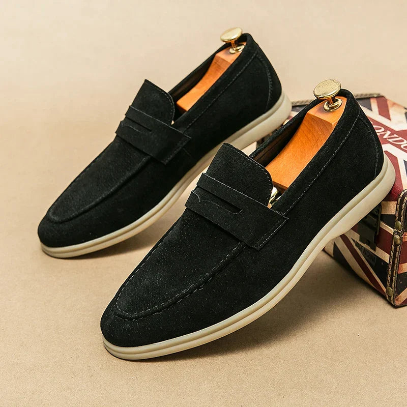 Full view of khaki men's Milan slip-on loafers, combining comfort with effortless men's fashion.
