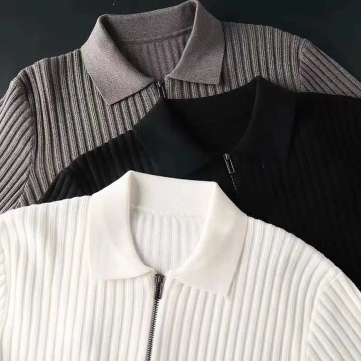 Versatile men's long sleeve ribbed knit polo. Cotton blend, comfort fit casual top, perfect for all occasions.