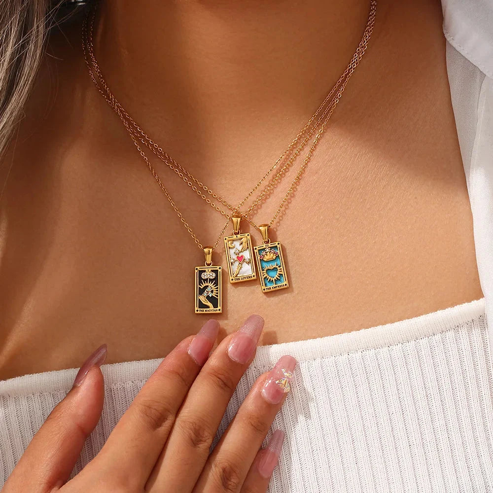 Finely crafted women's tarot card necklace, detailed spiritual jewelry, unique mystical design.