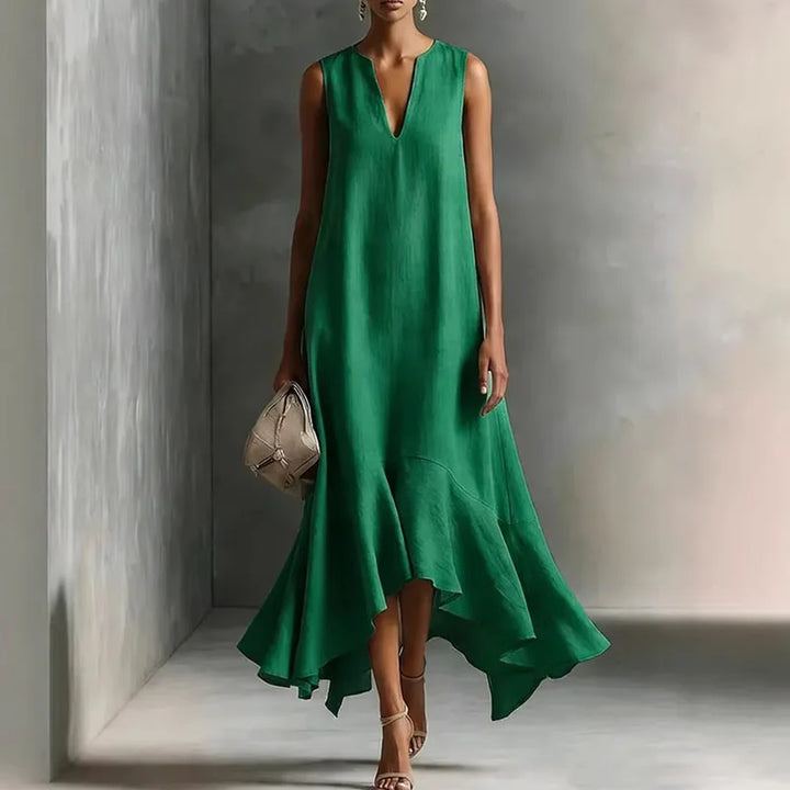 Close-up of a women's effortless V-neck sundress, showcasing the soft fabric and elegant summer design.