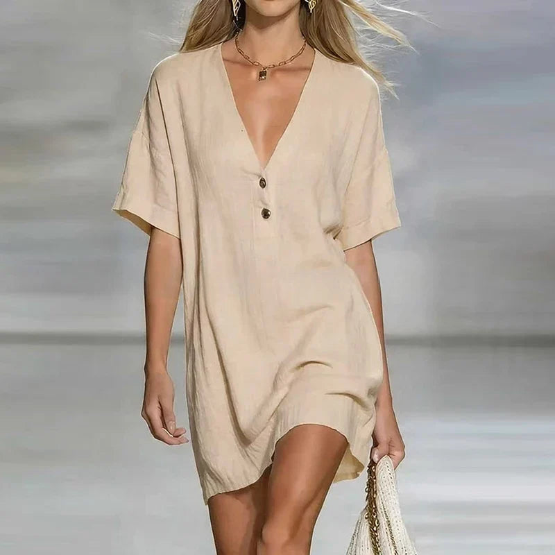 Chic women's V-neck shirt dress, lightweight and relaxed fit. A must-have summer casual dress.