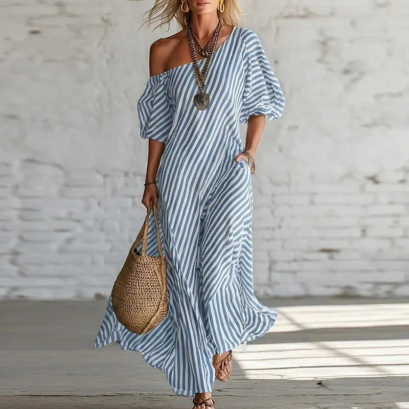 Stylish women's one-shoulder puff sleeve dress in a striped midi length, perfect for elegant summer events.