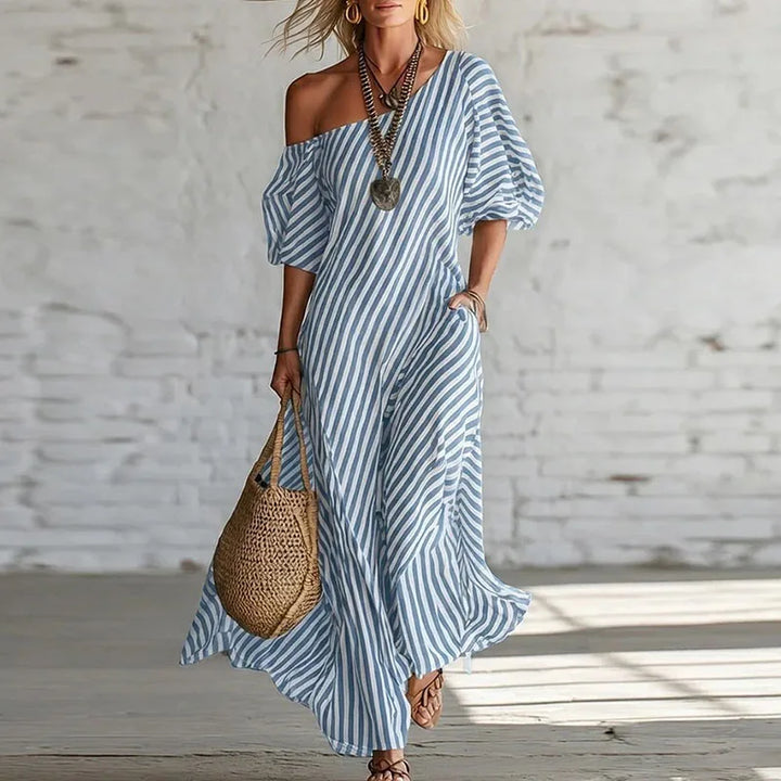 Stylish women's one-shoulder puff sleeve dress in a striped midi length, perfect for elegant summer events.