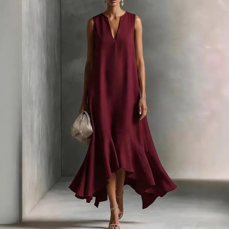Comfortable women's flowy V-neck sundress, a stylish and chic casual dress for summer and warm weather.