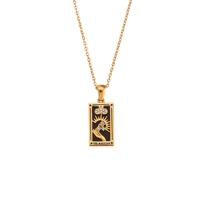 Gold-toned women's tarot necklace, modern spiritual jewelry, mystical divination accessory for women.