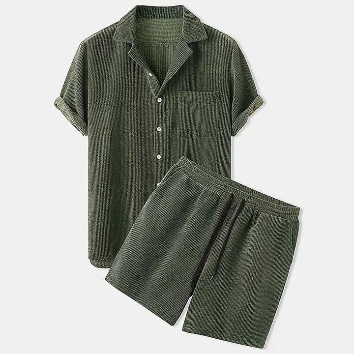 Women's casual two-piece summer set with button-up shirt and drawstring shorts. Relaxed fit for ultimate comfort & style.