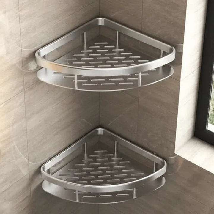 Stylish modern adhesive bathroom shelf, stainless steel, no-drill solution for sleek bathroom organization.