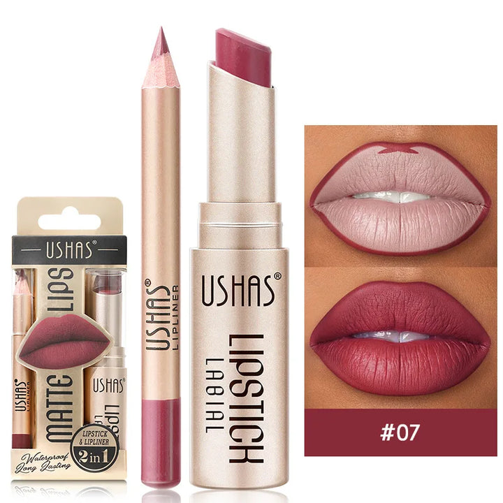 Define your lips with this 2-in-1 matte lipstick & lip liner pen. Smudge-proof, lasting beauty.