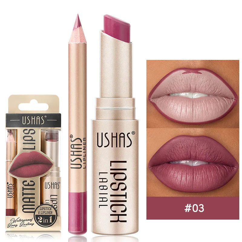 Convenient women's 2-in-1 matte lipstick & lip liner. Waterproof, long-lasting cosmetics.