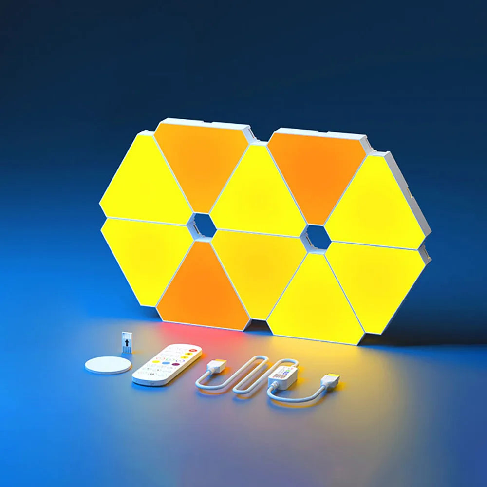 Customizable triangular RGB LED wall lights, enhancing any gaming setup.