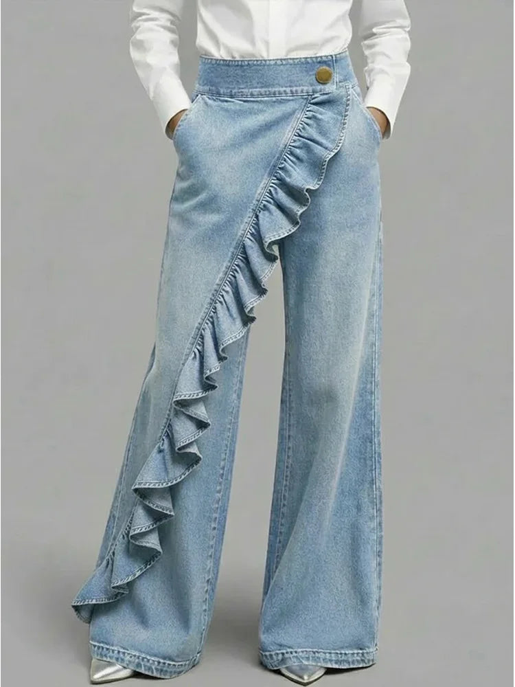 Stylish woman wearing high-rise wide leg jeans with ruffles. Modern, comfortable, and casual fashion outfit.
