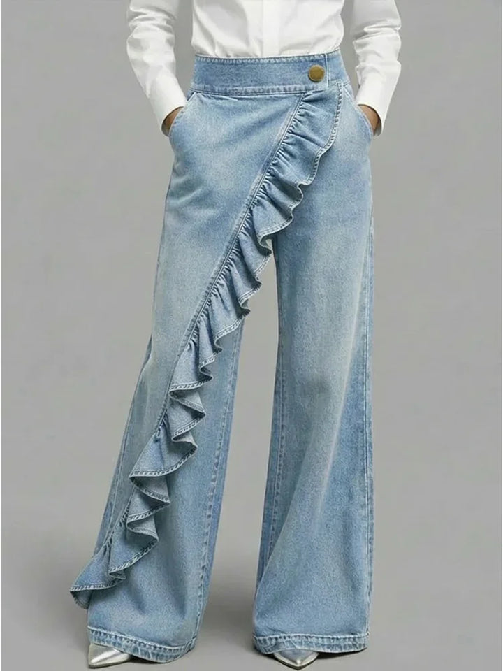 Stylish woman wearing high-rise wide leg jeans with ruffles. Modern, comfortable, and casual fashion outfit.