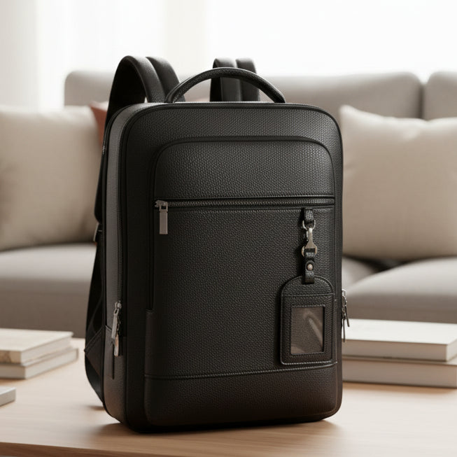 Unisex smart USB backpack in sleek PU leather, ideal for daily commute & charging devices on the go.