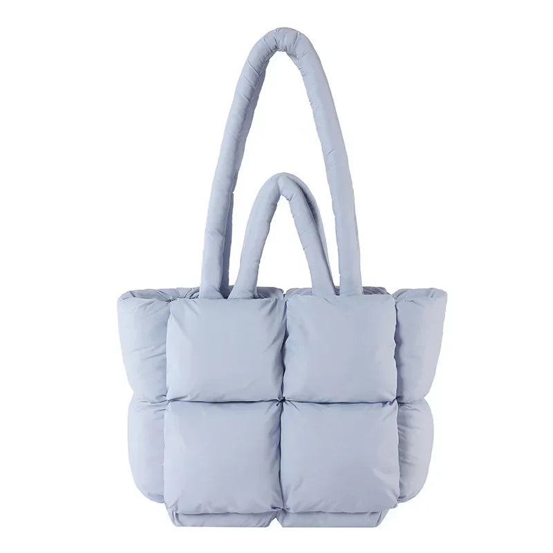 Front view of a women's plush puffer bag, perfect for everyday style.