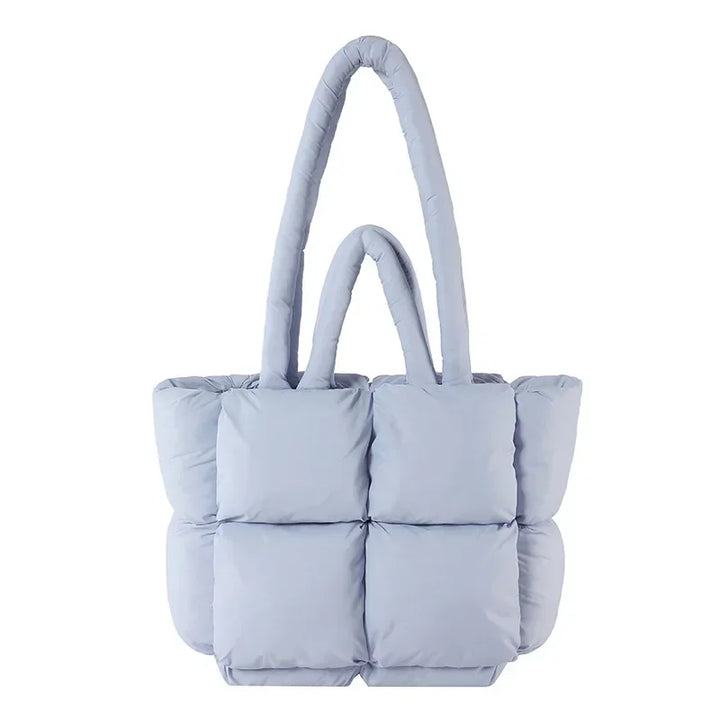 Front view of a women's plush puffer bag, perfect for everyday style.