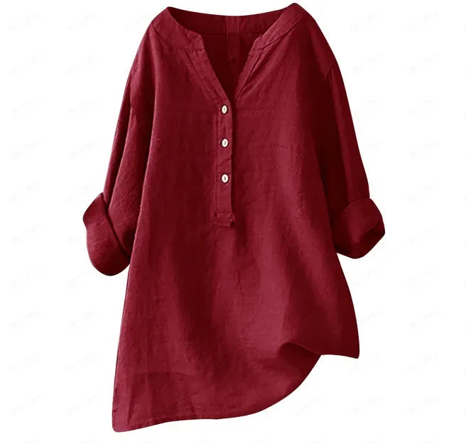Women's loose fit summer button-down shirt, v-neck, flowy and comfortable for effortless everyday wear.