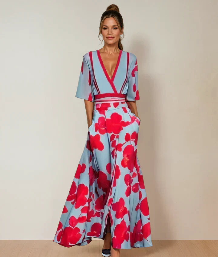 Elegant women's floral wrap maxi dress with V-neck & flutter sleeves, perfect for summer parties & resort wear.