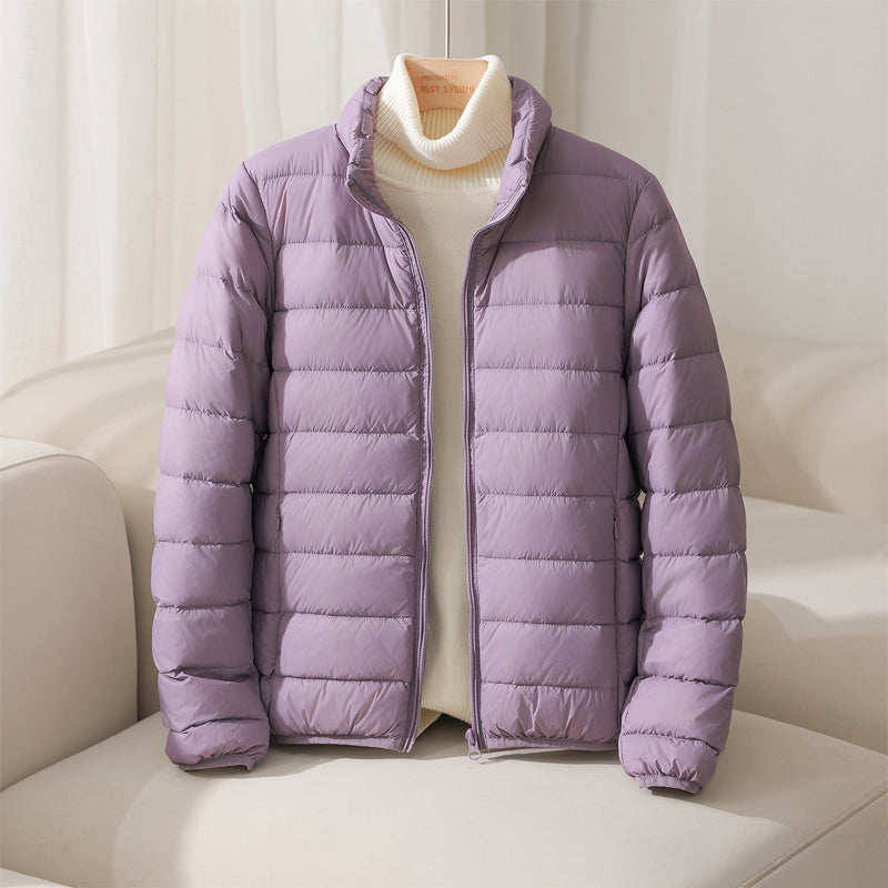 Women's lightweight quilted lavender puffer jacket for winter. Stylish & cozy casual outerwear.