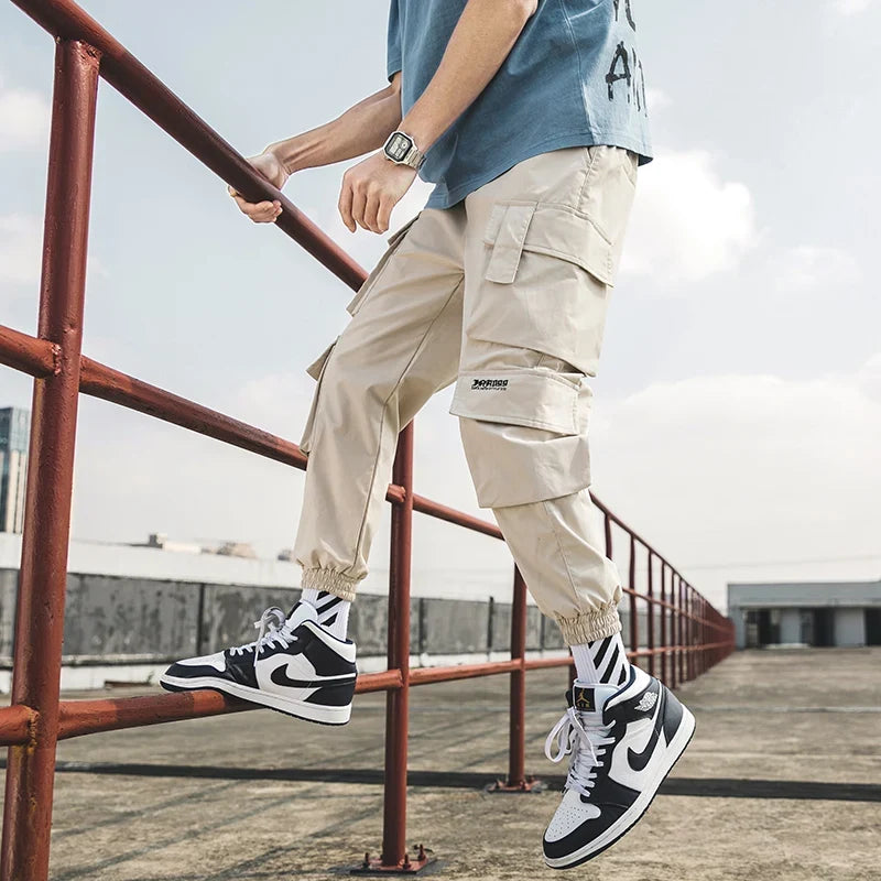 Men's Khaki Cargo Joggers, comfortable and functional casual bottoms for a modern streetwear look.