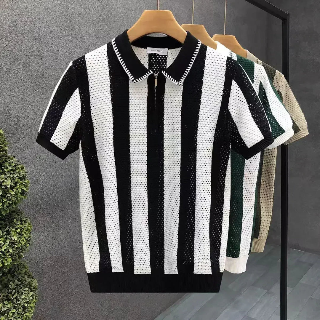 Breathable men's collared zip polo with stylish stripes, offering modern comfort for smart casual wear.