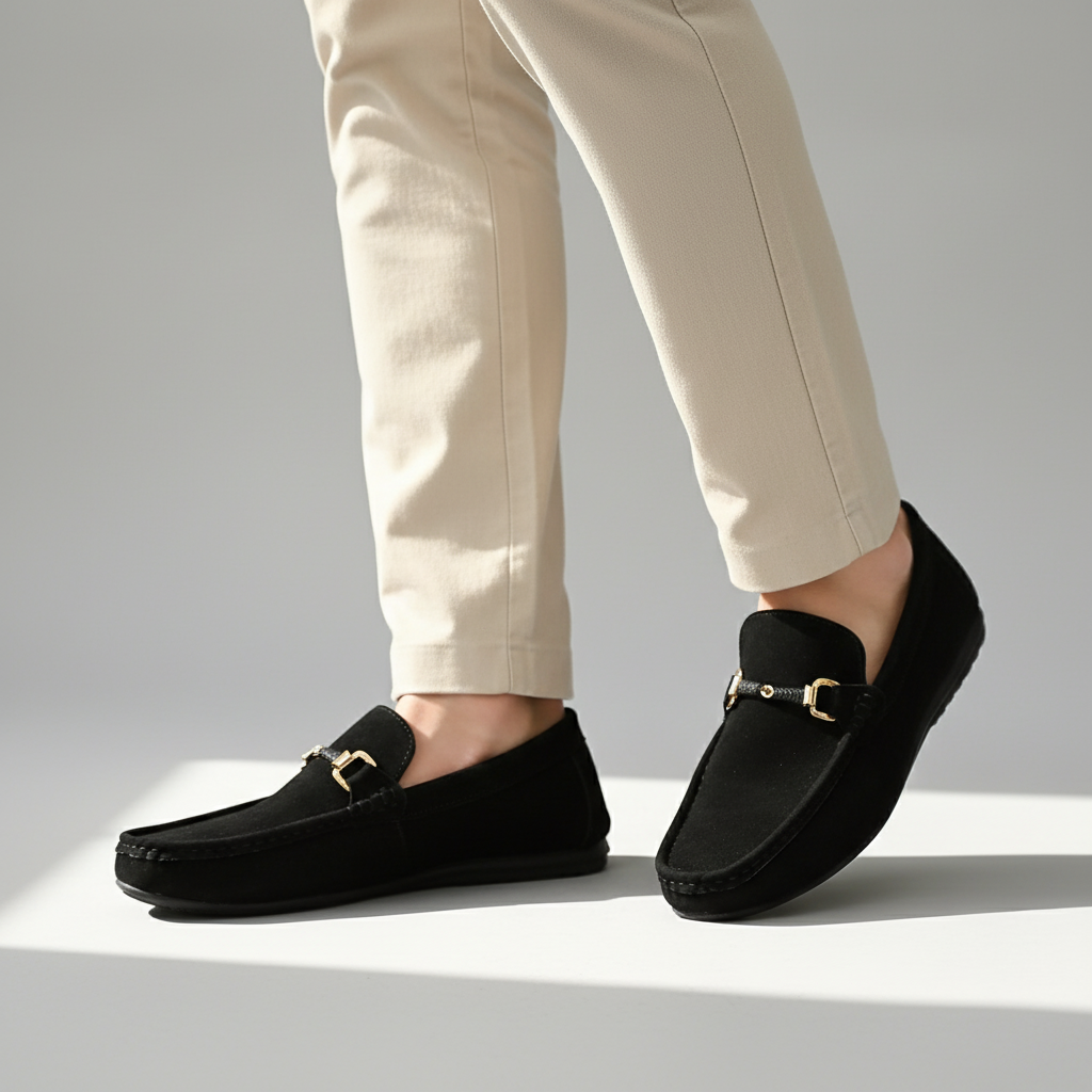 Polished men's slip-on loafers with a sophisticated buckle, ideal for a refined office or evening style.