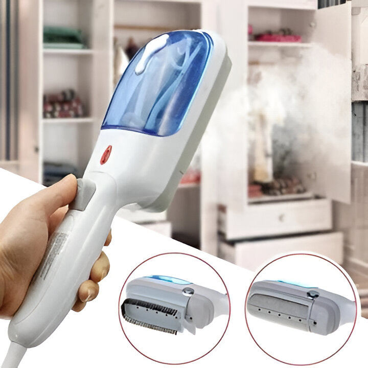 Portable garment steamer for quick wrinkle removal. Compact design, ideal for home and travel fabric care.
