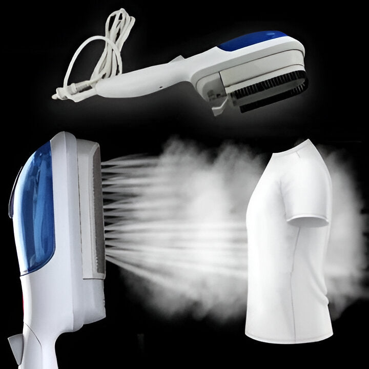Ergonomic portable garment steamer held in hand, offering comfortable and quick wrinkle removal at home or travel.