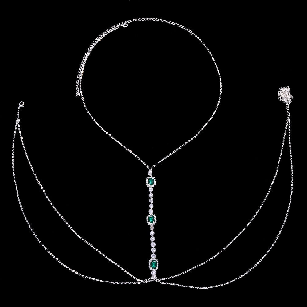 Chic women's green crystal chest chain, a fashionable rhinestone body accessory to elevate any outfit.