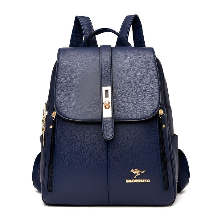 Front view: Women's PU leather office backpack, adjustable straps & spacious design for daily essentials.