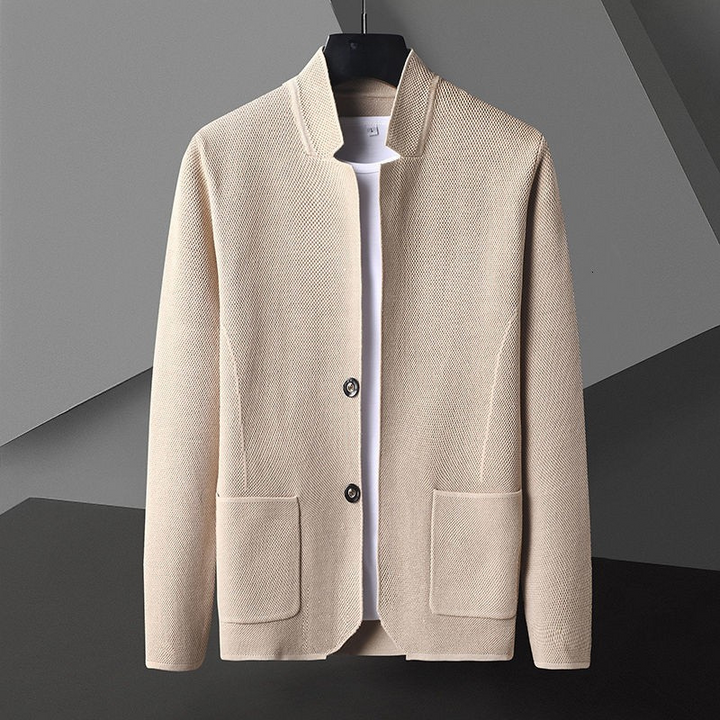 Men's modern jacket featuring a stylish button-front closure and a classic stand collar. Versatile outerwear.