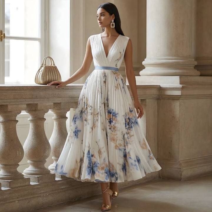 Elegant women's pleated V-neck maxi dress with cinched waist and pockets, ideal for formal occasions.