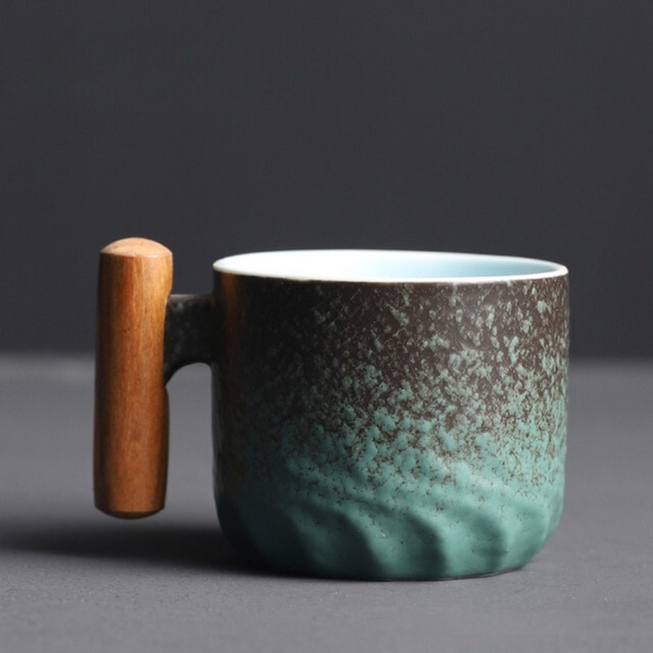 Unisex retro espresso mug. Quality ceramic coffee cup with an ergonomic wooden handle, stylish home decor.