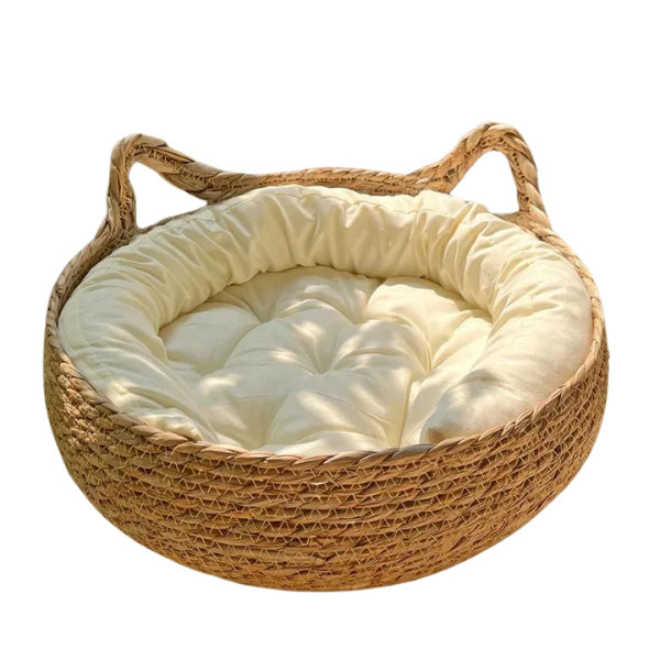 Handwoven rattan basket cat bed for ultimate pet comfort and style.