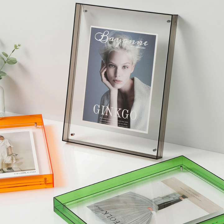 Contemporary vibrant acrylic picture frame, enhances photos as wall art or table decor.