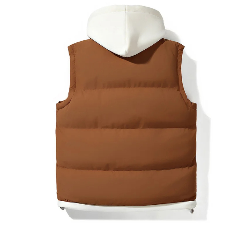 Stylish men's sleeveless puffer jacket with hood, perfect for everyday casual layering & outdoor wear.
