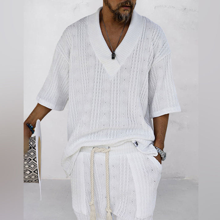 Stylish men's casual set with V-neck shirt and shorts, offering a relaxed and coordinated summer outfit.