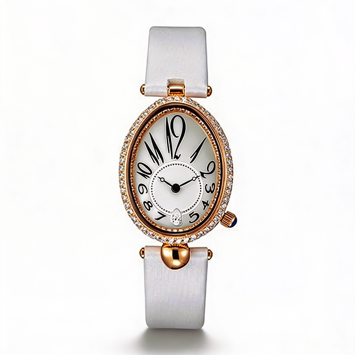 Woman wearing an elegant oval dial watch with a black leather strap, perfect for a sophisticated everyday look.