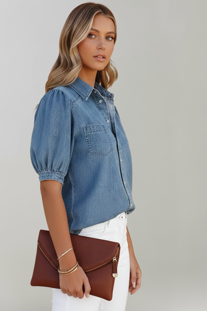 Everyday women's blue puff sleeve top, a versatile loose fit button-up shirt for casual fashion.
