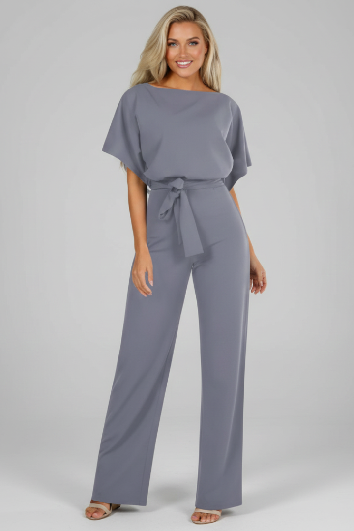 Women's short sleeve jumpsuit with waist tie, straight leg. Casual elegant fashion, versatile for everyday wear.