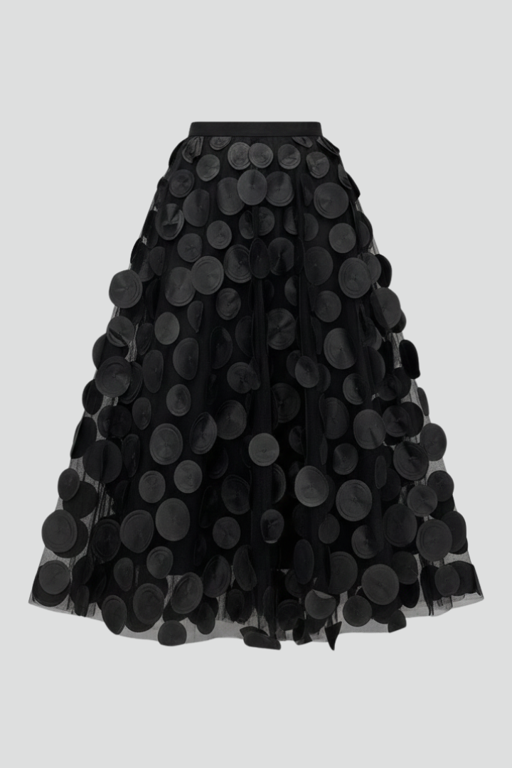 Elegant women's polka dot full midi skirt with an elastic waist, perfect for versatile fashion.