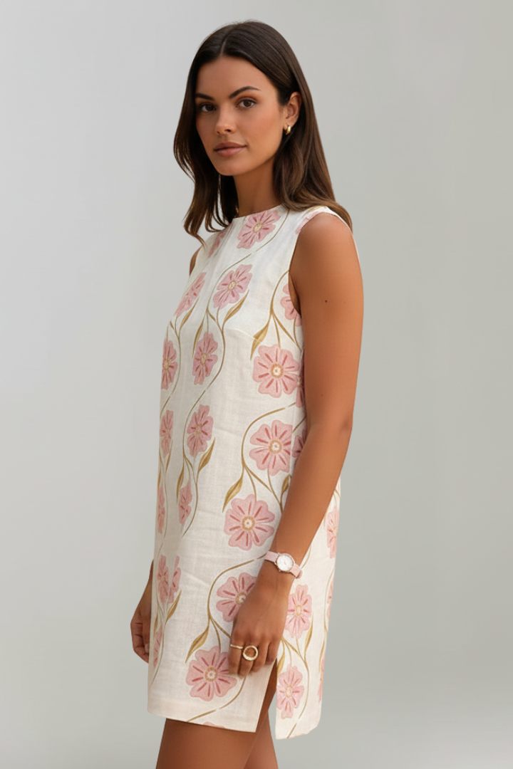 Women's sleeveless A-line mini dress with vibrant floral print. Chic and breezy, perfect for summer fashion.