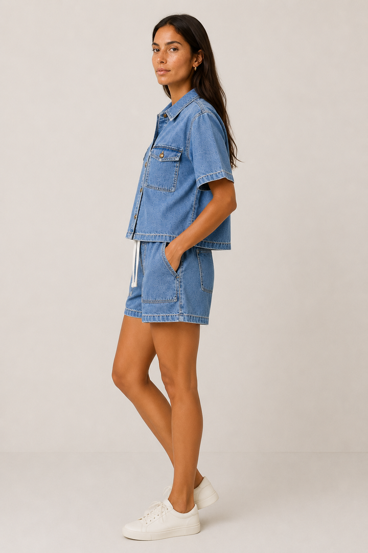 Chic women's blue two-piece set featuring a short-sleeve top & casual shorts, great for summer fashion.