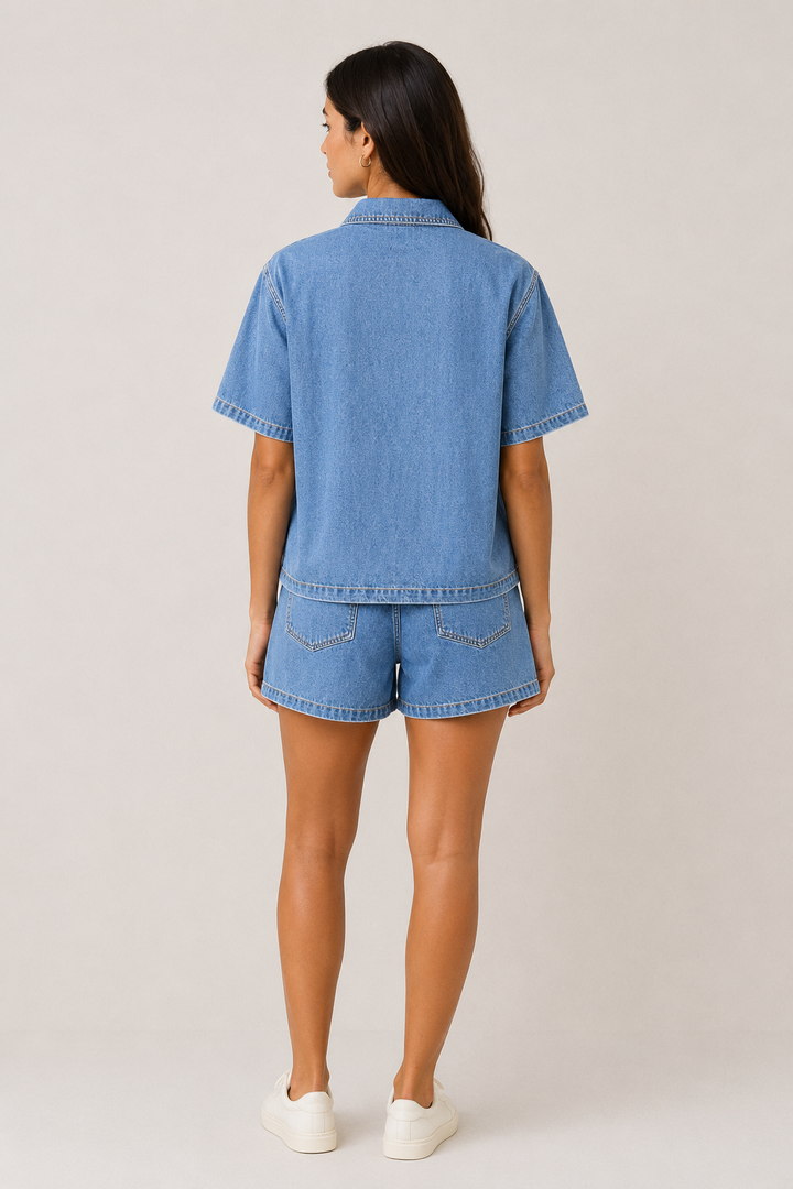Women's blue two-piece set with a short-sleeve top & shorts, perfect for stylish summer casual fashion.