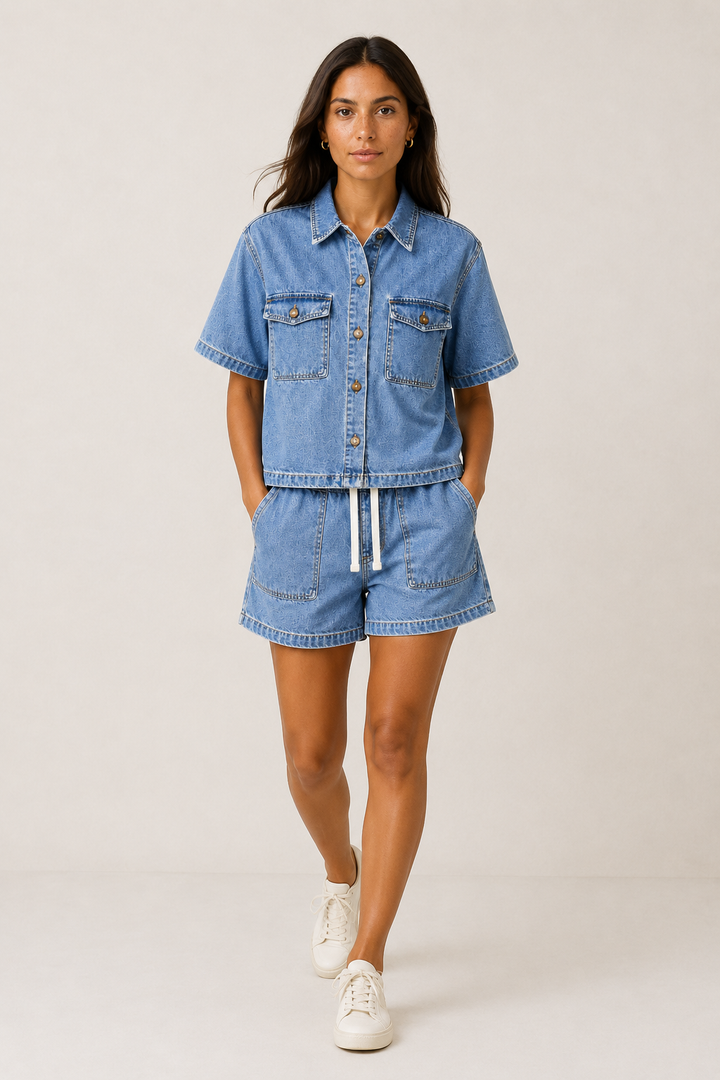 Women's blue two-piece set: stylish short-sleeve top & casual shorts for easy summer everyday wear.